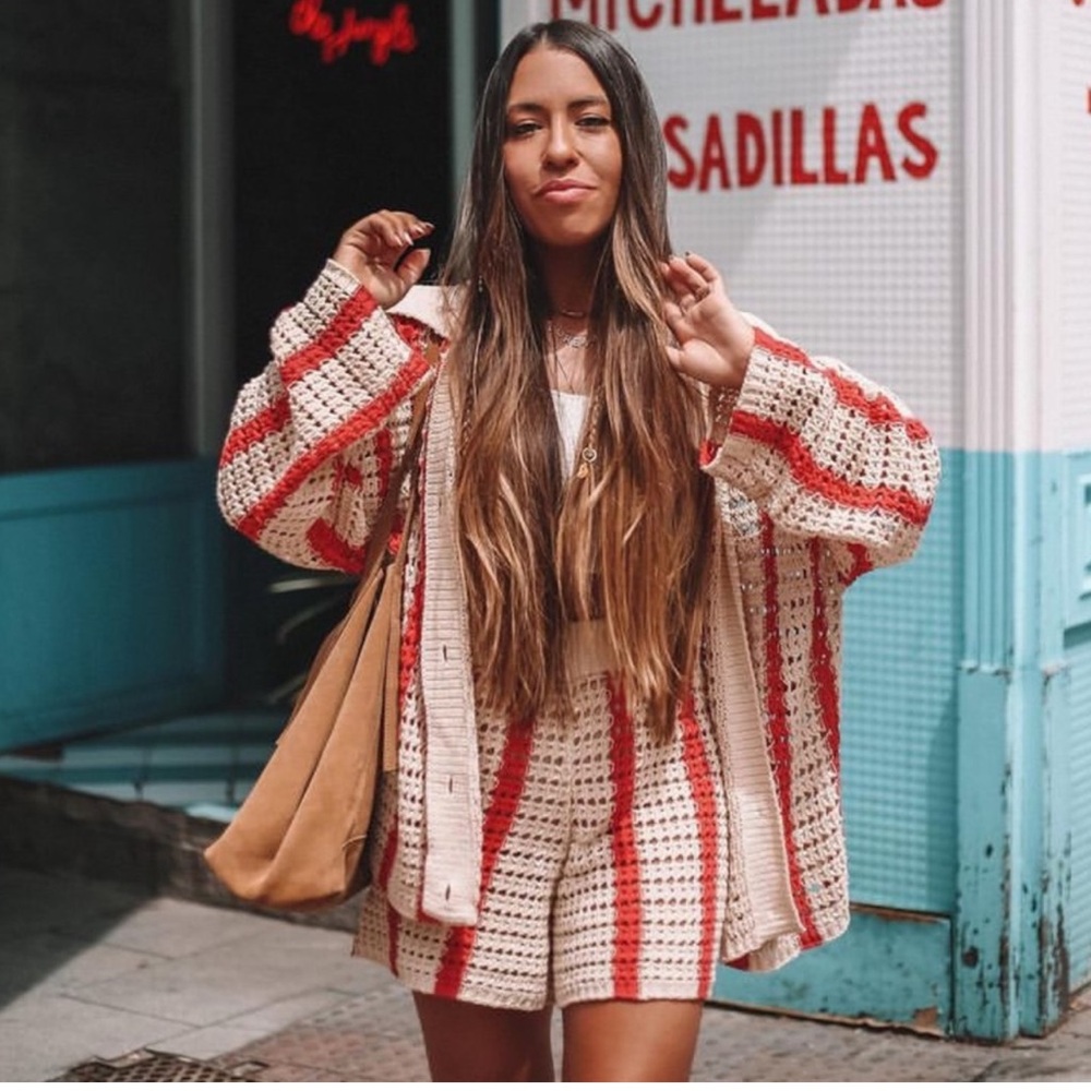Zara SET - Red & Cream Striped Crochet / Knit Cardigan